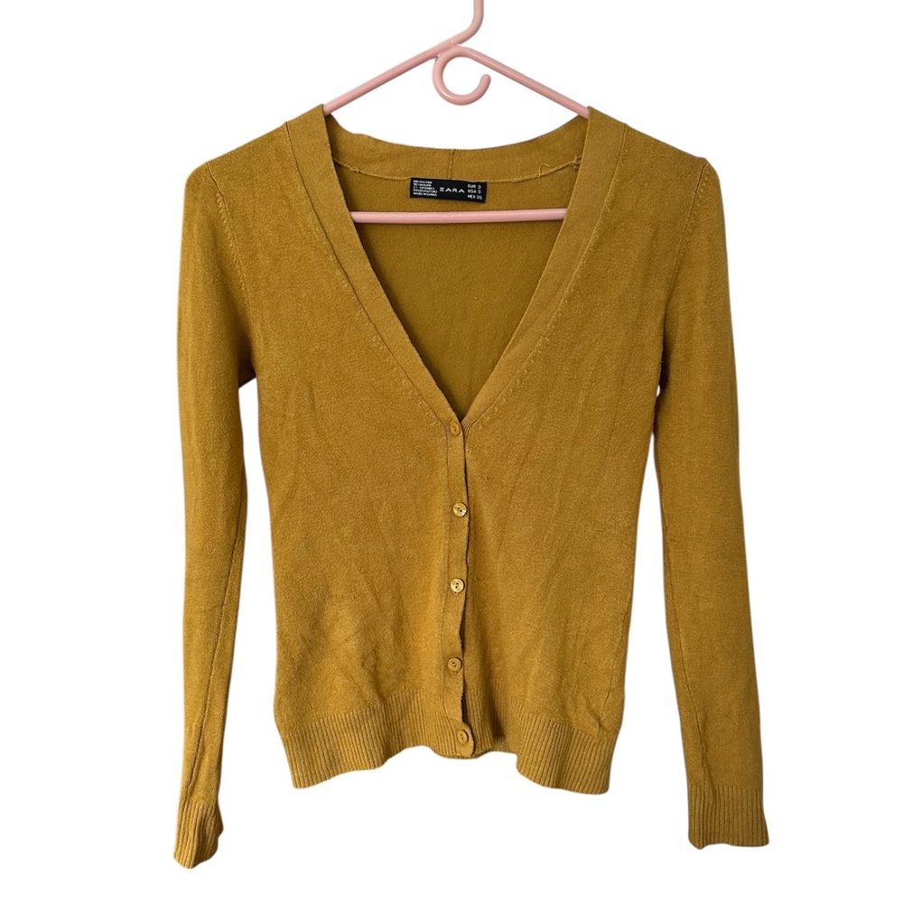 ZARA Deep Mustard Turmeric Yellow V-Neck Cardigan Feminine Fit